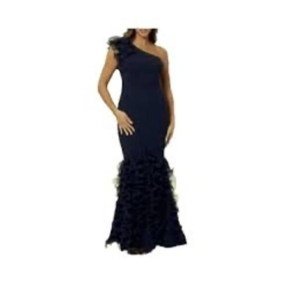 XSCAPE Women's Ruffled One-Shoulder Gown Size 14 Navy Cocktail Formal Evening - Picture 1 of 9